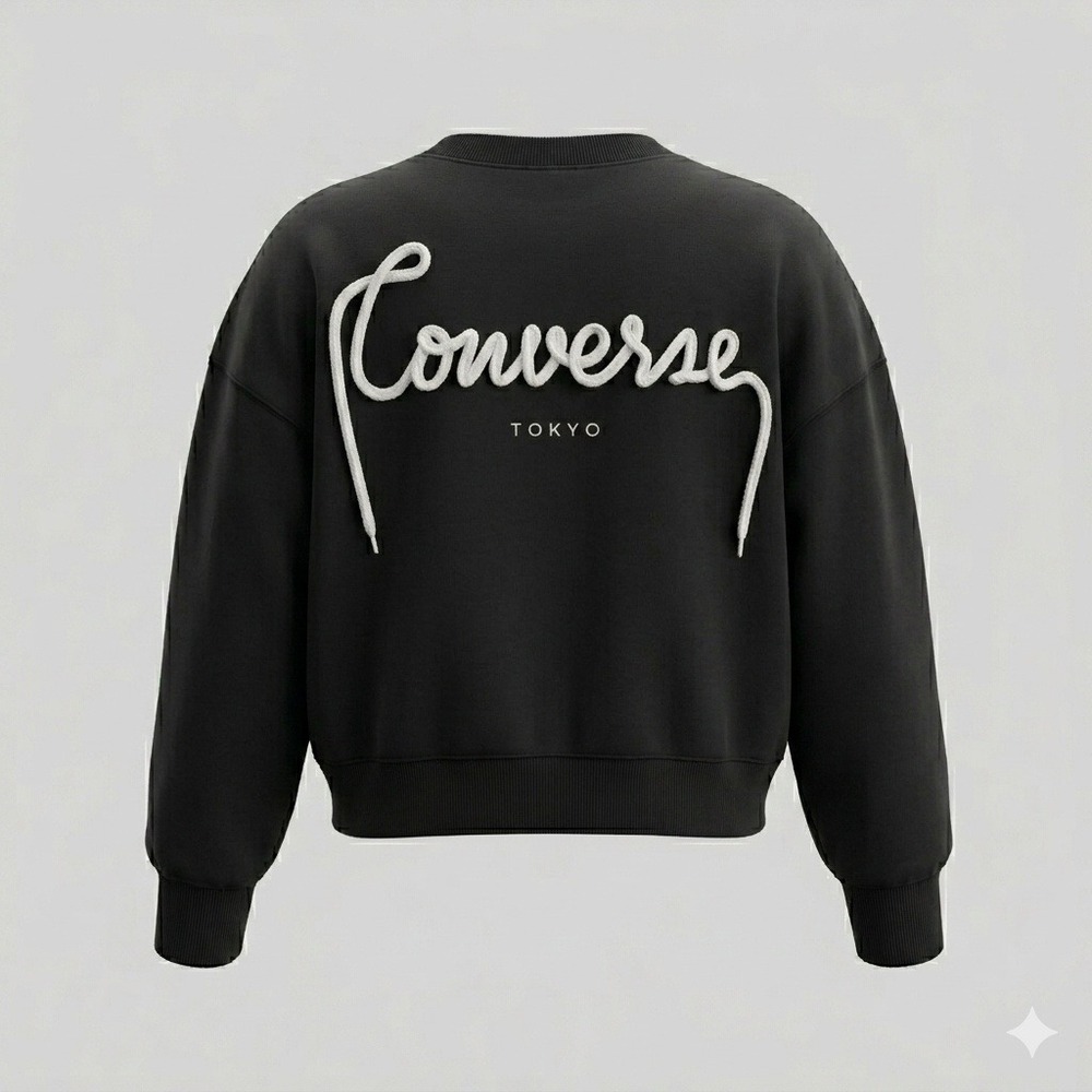 Converse Tokyo Sweatshirt Unisex Med 3D Rope Logo Black Solid Oversized New